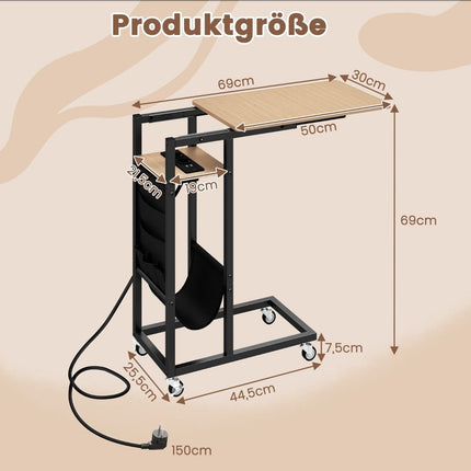 C-Shaped Side Table with Charging Station & Storage Pocket