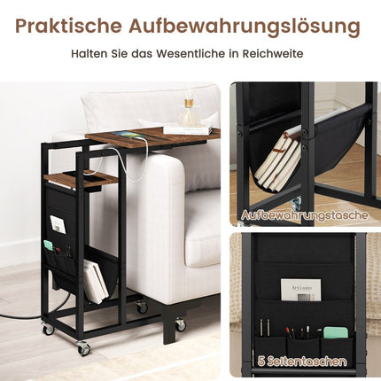 C-Shaped Side Table with Charging Station & Storage Pocket