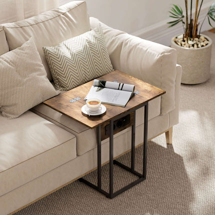 C-Shaped Side Table with Charging Station and Foldable Top