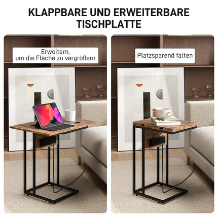 C-Shaped Side Table with Charging Station and Foldable Top