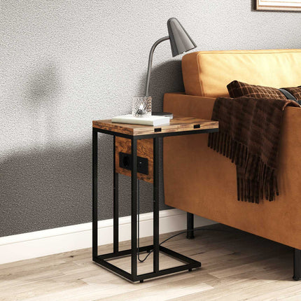 C-Shaped Side Table with Charging Station and Foldable Top