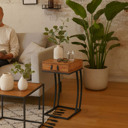C-Shaped Side Table with Drawer – Wood & Metal