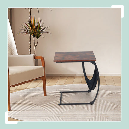 C-Shaped Side Table with Magazine Rack, Wood-Effect Top