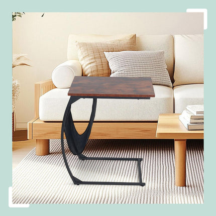 C-Shaped Side Table with Magazine Rack, Wood-Effect Top