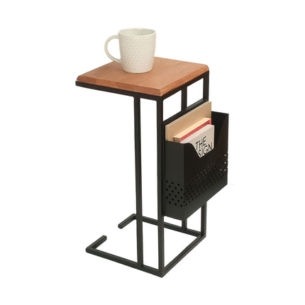 C-Shaped Side Table with Magazine Rack, Wood and Metal