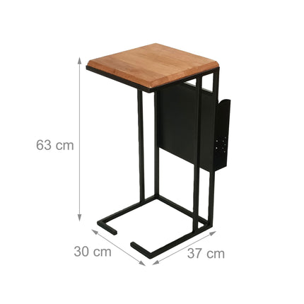 C-Shaped Side Table with Magazine Rack, Wood and Metal