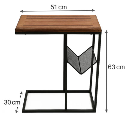 C-Shaped Side Table with Magazine Rack, Wood and Metal