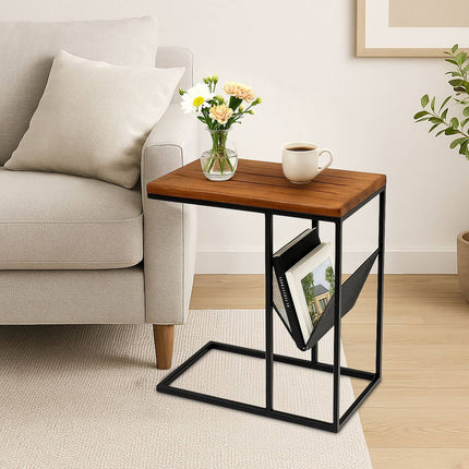 C-Shaped Side Table with Magazine Rack, Wood and Metal