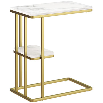 C-Shaped Side Table with Storage, Marble Look, Gold Frame