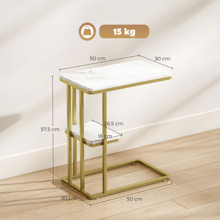 C-Shaped Side Table with Storage, Marble Look, Gold Frame
