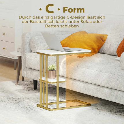 C-Shaped Side Table with Storage, Marble Look, Gold Frame