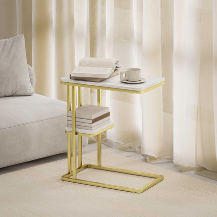 C-Shaped Side Table with Storage, Marble Look, Gold Frame