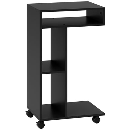 C-Shaped Side Table with Wheels, 3 Shelves, 40x30x69 cm, Black
