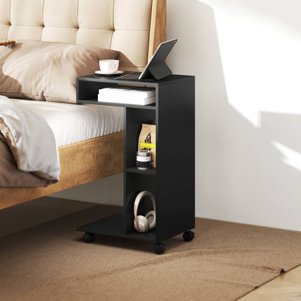 C-Shaped Side Table with Wheels, 3 Shelves, 40x30x69 cm, Black
