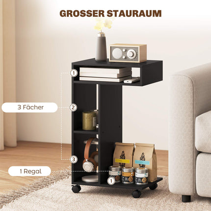 C-Shaped Side Table with Wheels, 3 Shelves, 40x30x69 cm, Black