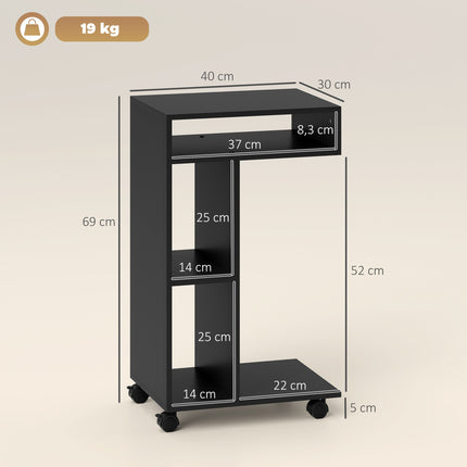 C-Shaped Side Table with Wheels, 3 Shelves, 40x30x69 cm, Black