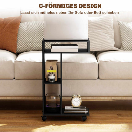 C-Shaped Side Table with Wheels, 3 Shelves, 40x30x69 cm, Black