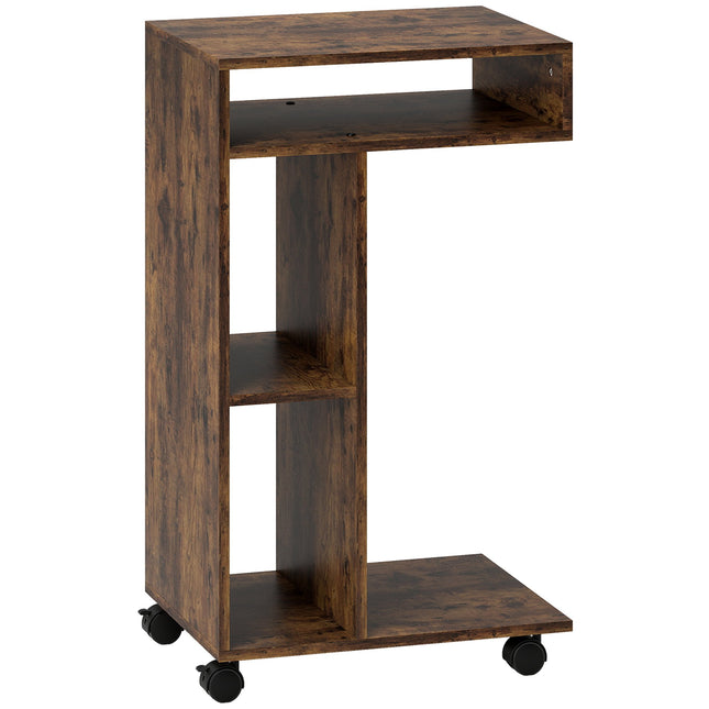 C-Shaped Side Table with Wheels, 3 Shelves, Rustic Brown