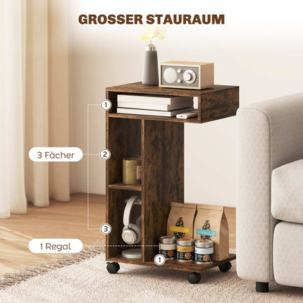 C-Shaped Side Table with Wheels, 3 Shelves, Rustic Brown
