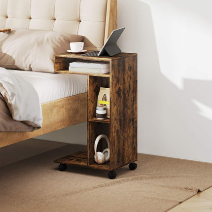 C-Shaped Side Table with Wheels, 3 Shelves, Rustic Brown