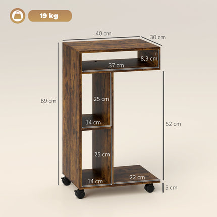 C-Shaped Side Table with Wheels, 3 Shelves, Rustic Brown
