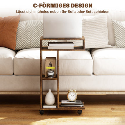 C-Shaped Side Table with Wheels, 3 Shelves, Rustic Brown