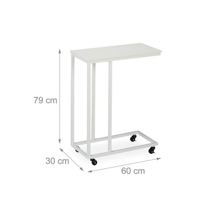 C-Shaped Side Table with Wheels, Metal and MDF