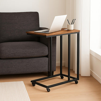 C-Shaped Side Table with Wheels, Metal and MDF