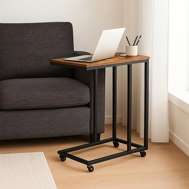 C-Shaped Side Table with Wheels, Metal and MDF
