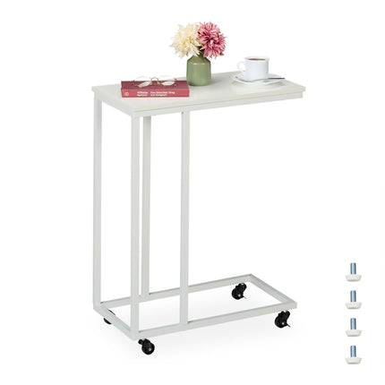 C-Shaped Side Table with Wheels, Metal and MDF