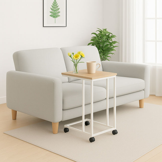 C-Shaped Side Table with Wheels – Wood-Effect Top