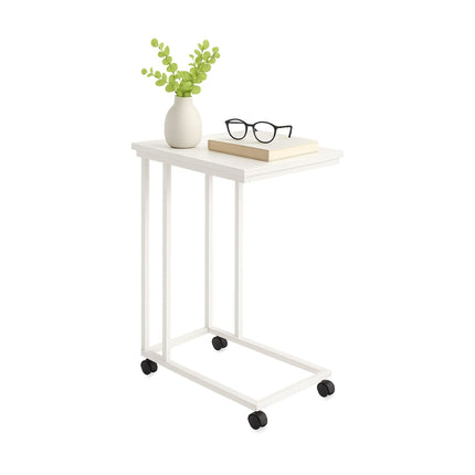 C-Shaped Side Table with Wheels – Wood-Effect Top