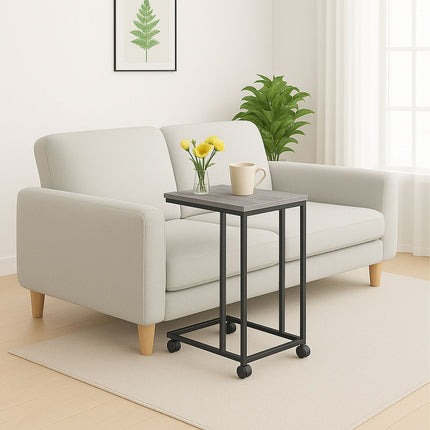 C-Shaped Side Table with Wheels – Wood-Effect Top