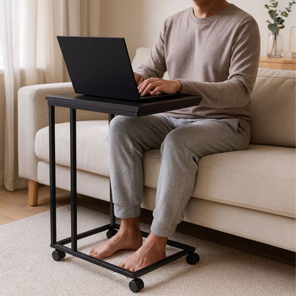 C-Shaped Side Table with Wheels – Wood-Effect Top