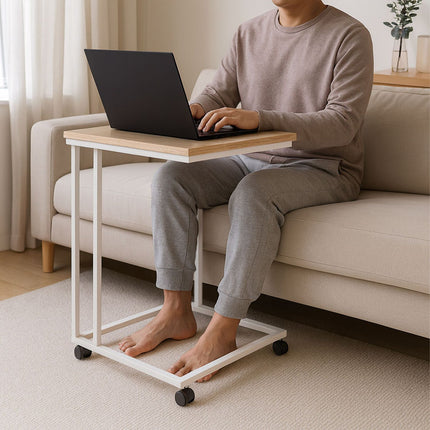 C-Shaped Side Table with Wheels – Wood-Effect Top
