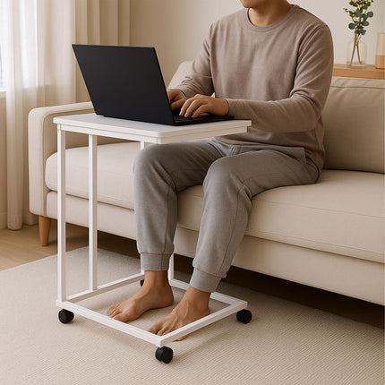 C-Shaped Side Table with Wheels – Wood-Effect Top