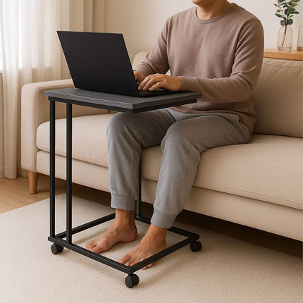 C-Shaped Side Table with Wheels – Wood-Effect Top