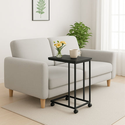 C-Shaped Side Table with Wheels – Wood-Effect Top