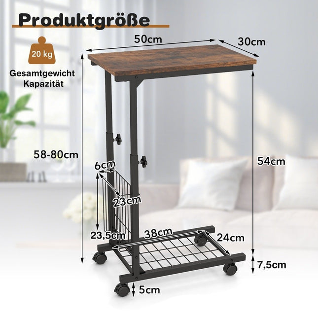 C Shaped Sofa Table Adjustable Side Table with Storage Basket Rustic Brown