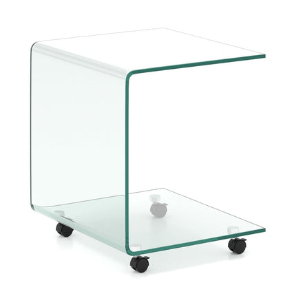C-Shaped Tempered Glass Side Table with Wheels