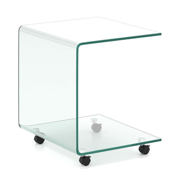C-Shaped Tempered Glass Side Table with Wheels