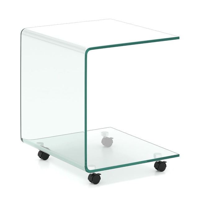 C-Shaped Tempered Glass Side Table with Wheels