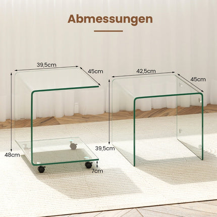 C-Shaped Tempered Glass Side Table with Wheels