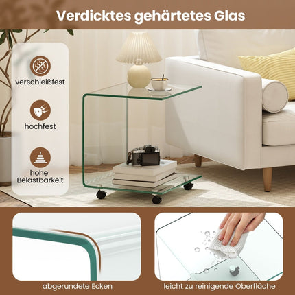 C-Shaped Tempered Glass Side Table with Wheels