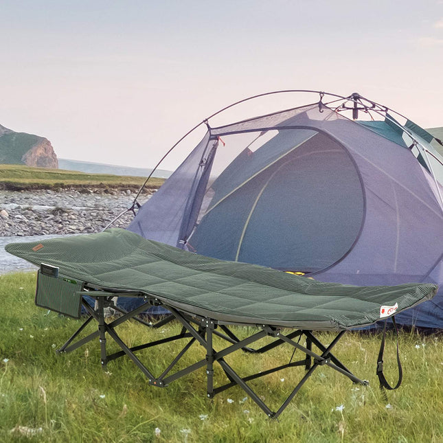 Folding camping bed with bag, grey, supports 120 kg