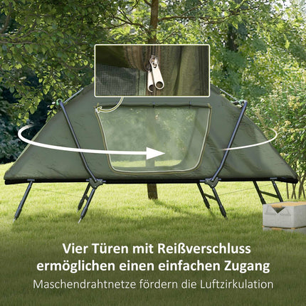 Raised camp bed with tent - UV protection and rain protection