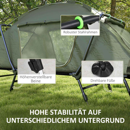 Raised camp bed with tent - UV protection and rain protection
