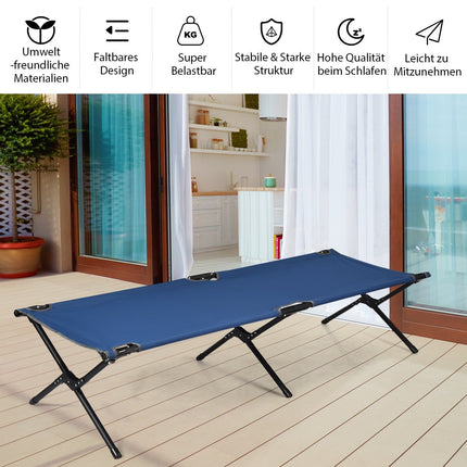 Camp bed, camping bed, metal frame, foldable folding bed, loads up to 135 kg, 190 x 67 x 42 cm, blue