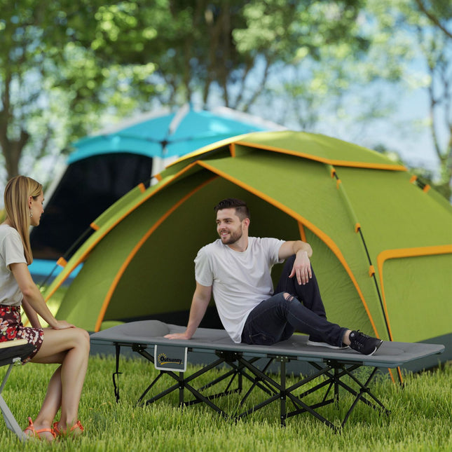 Folding camping bed with mattress, pillow & pocket - Grey