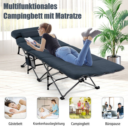 Camp bed folding camping bed with mattress 185 cm x 65 cm x 41-53 cm blue